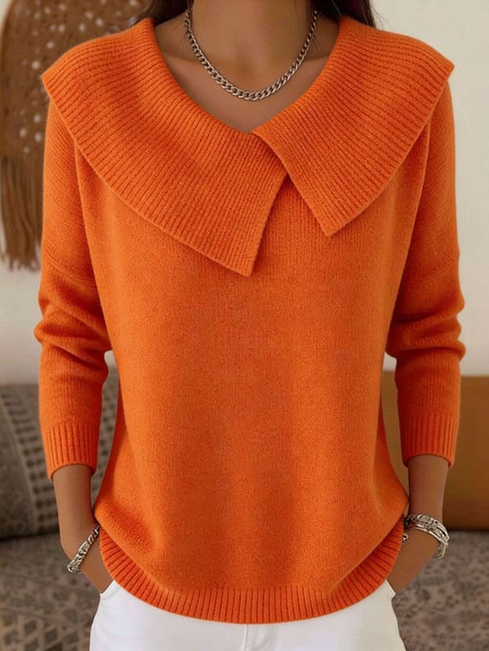 The Capucine Wide-Collar Knit Sweater in Orange