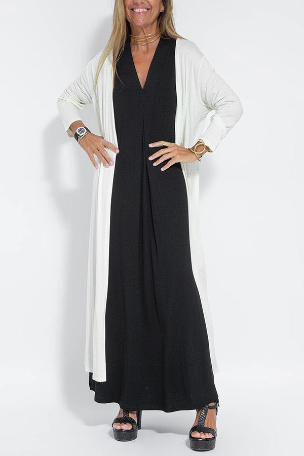 The Solstice Two-Piece Pleated V-Neck Maxi Dress & Duster Cardigan Set in White - Duster Cardigan