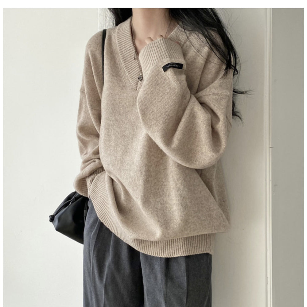 The Harper Oversized V-Neck Sweater in Khaki