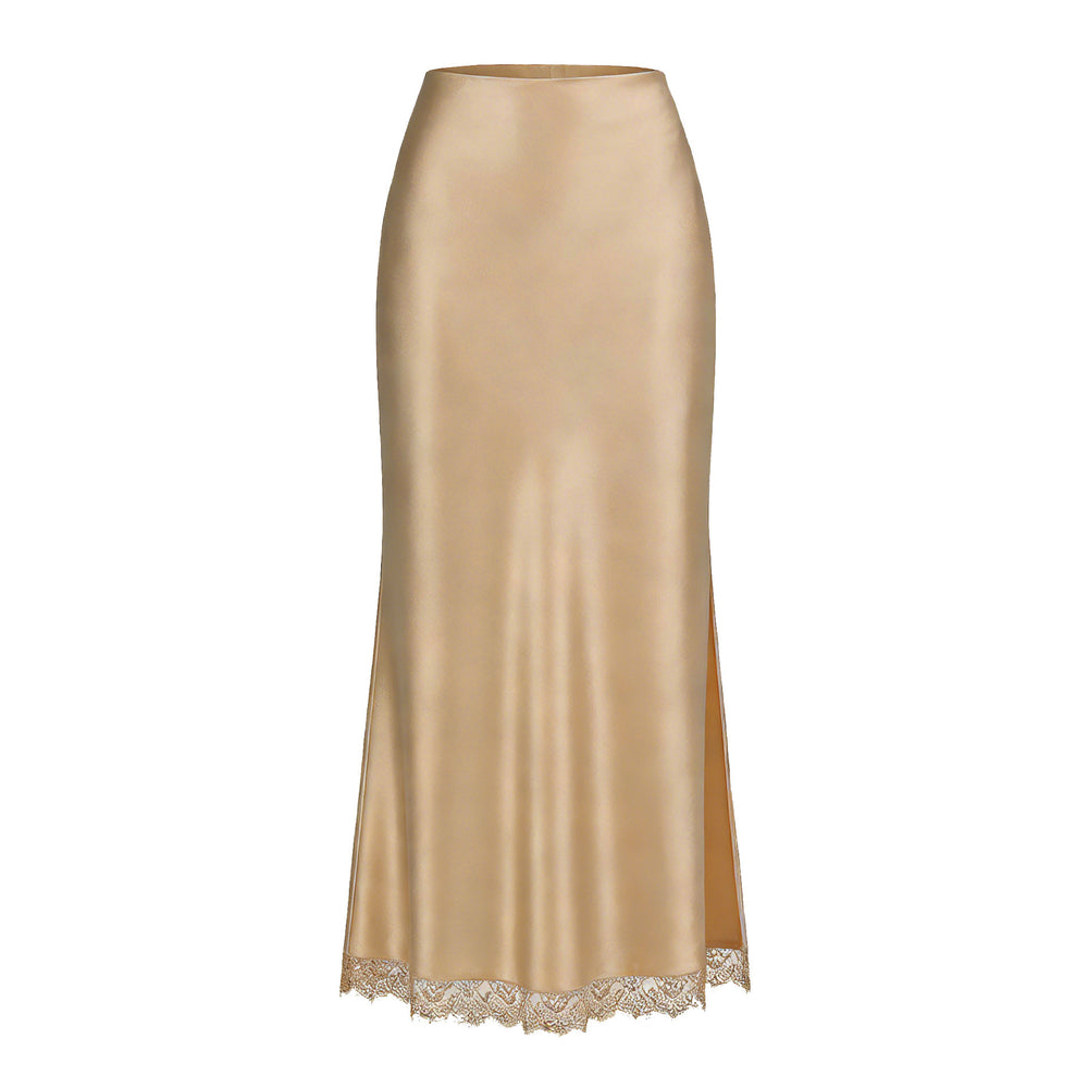 The Liora Lace-Trim Satin Slit Midi Skirt in Champagne