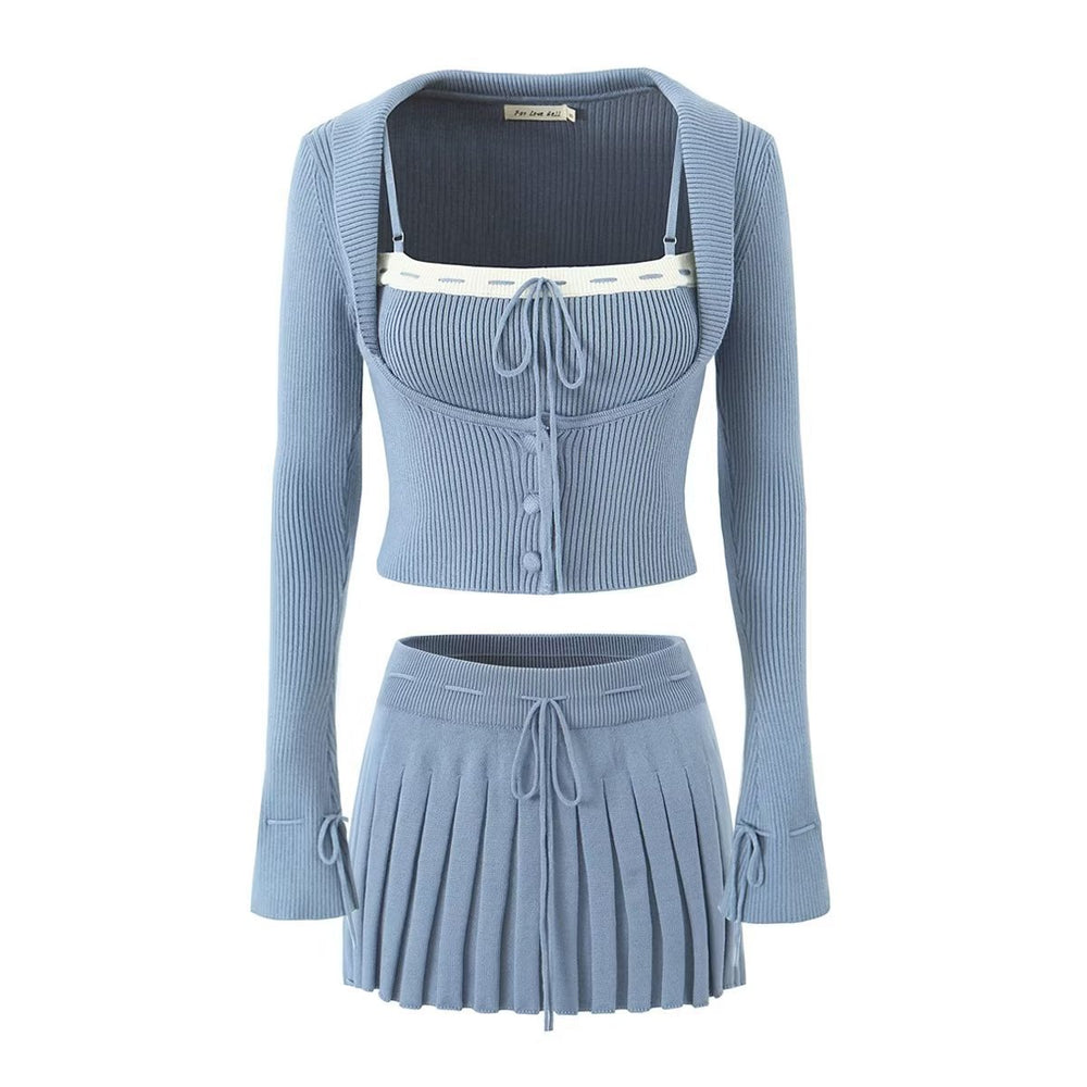 The Margot Three-Piece Knit Set in Blue three-piece set