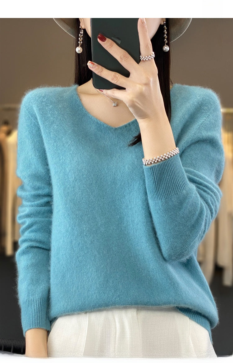 The Ada Relaxed V-Neck Knit Sweater in Lake Blue