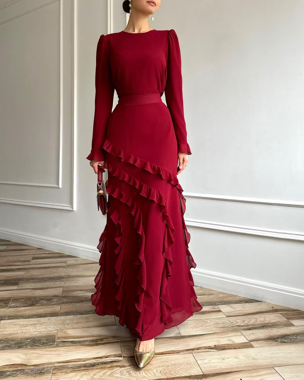The Belladonna Ruffle-Trimmed Chiffon Maxi Dress in Dark Red
