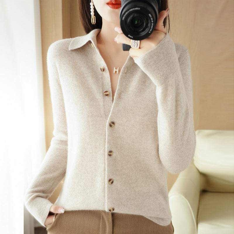 The Audra Polo-Collar Knit Cardigan in Beige