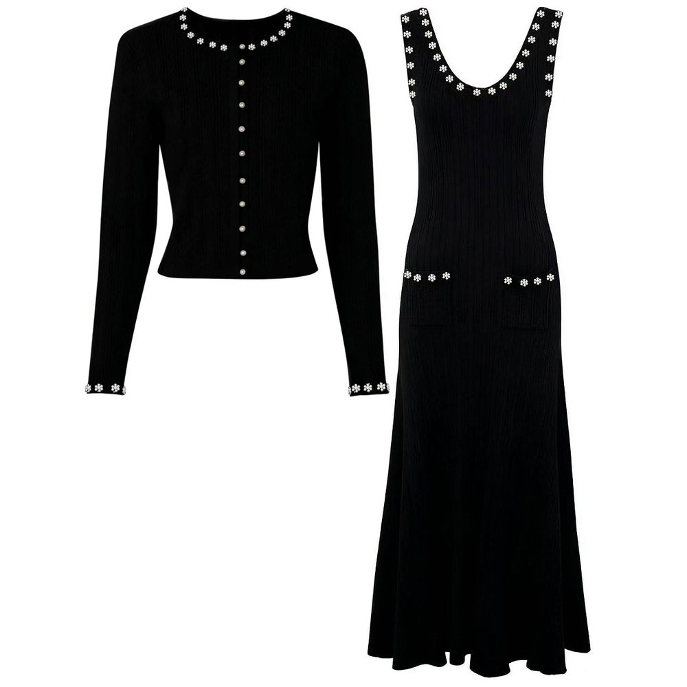 The Lumina Two-Piece Viscose Knit Cardigan & Sleeveless Slip Dress Set in Black - Complete Set