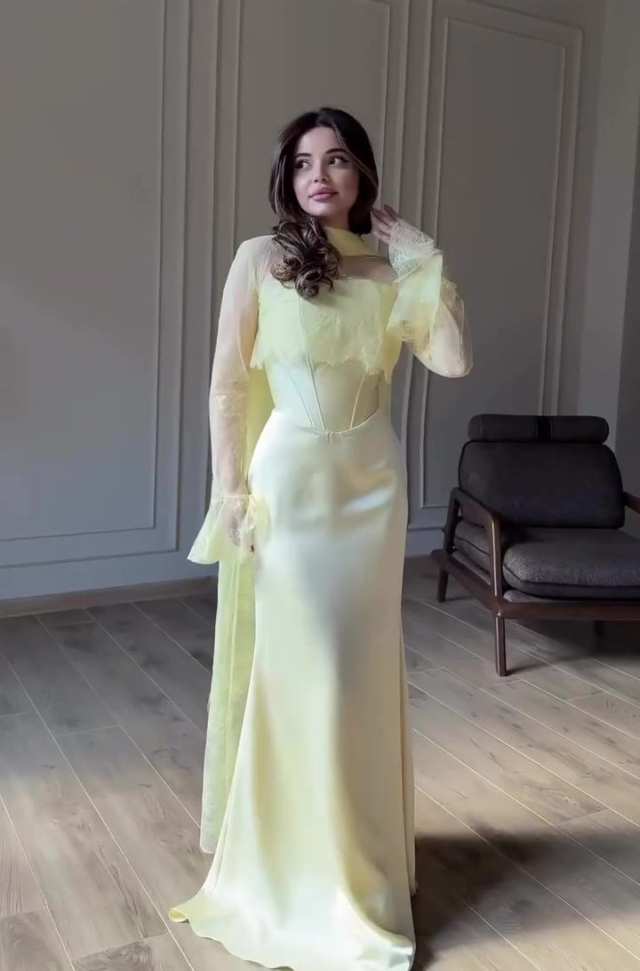 The Lumière Lace-Accented Mermaid Maxi Dress in Light yellow