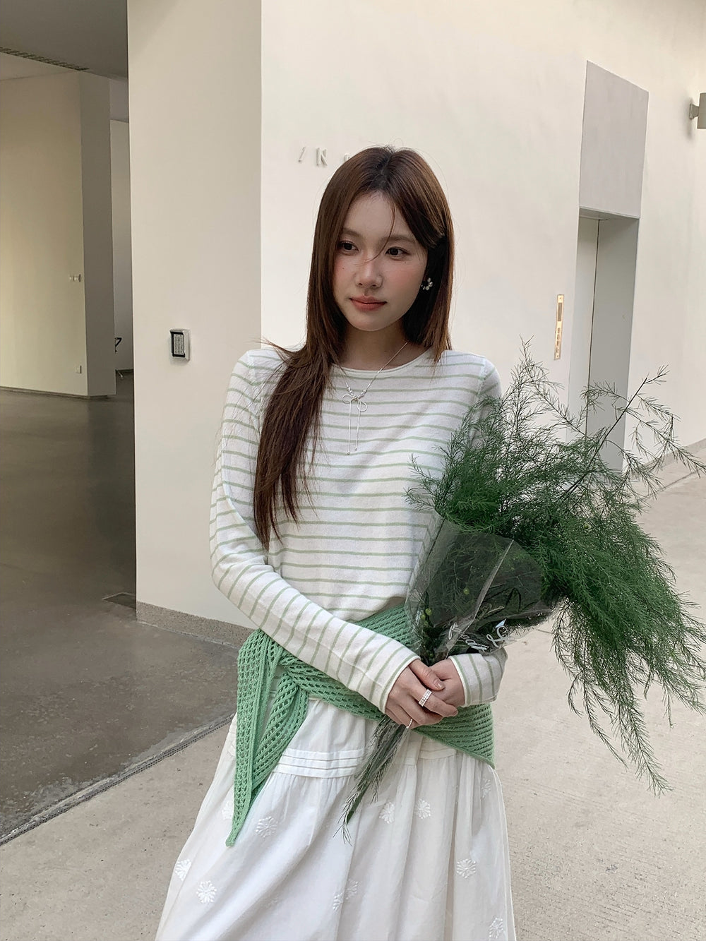 The Manon Fine-Stripe Knit Top in Sage Stripe