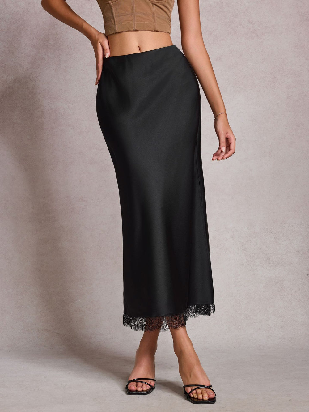 The Liora Lace-Trim Satin Slit Midi Skirt, photo 3