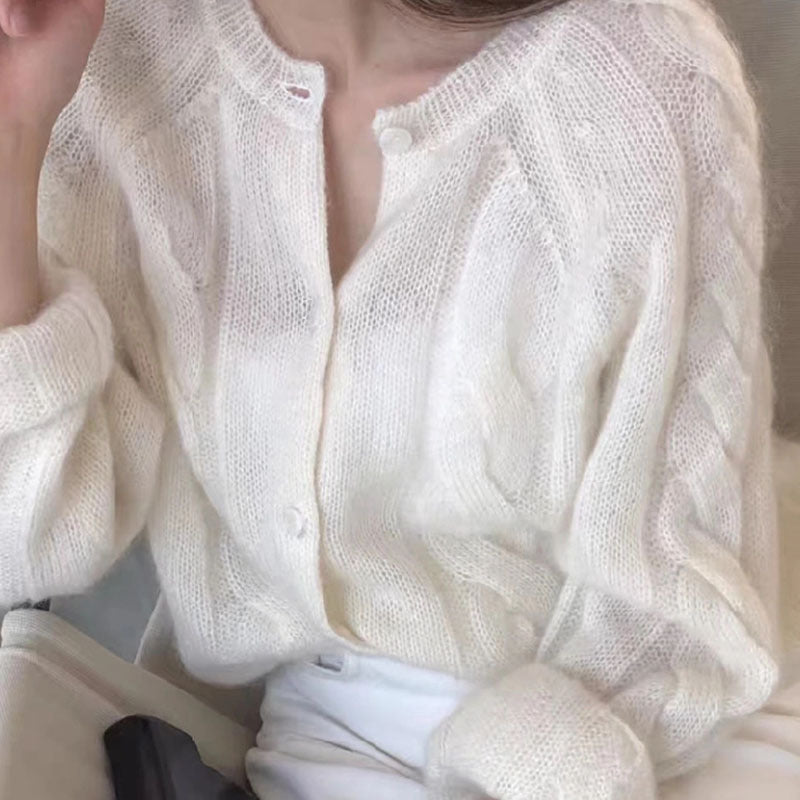 The Ines Brushed Crewneck Cardigan in White
