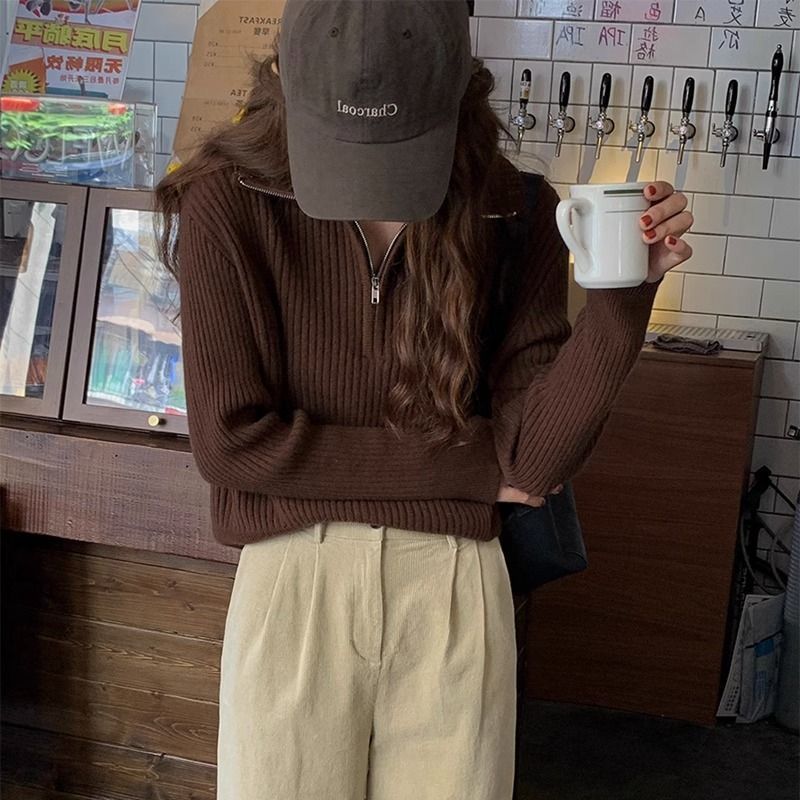 The Sabine Half-Zip Collar Knit Sweater in Coffee Brown