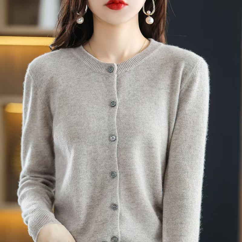 The Celia Fine-Knit Crewneck Cardigan in Light Camel