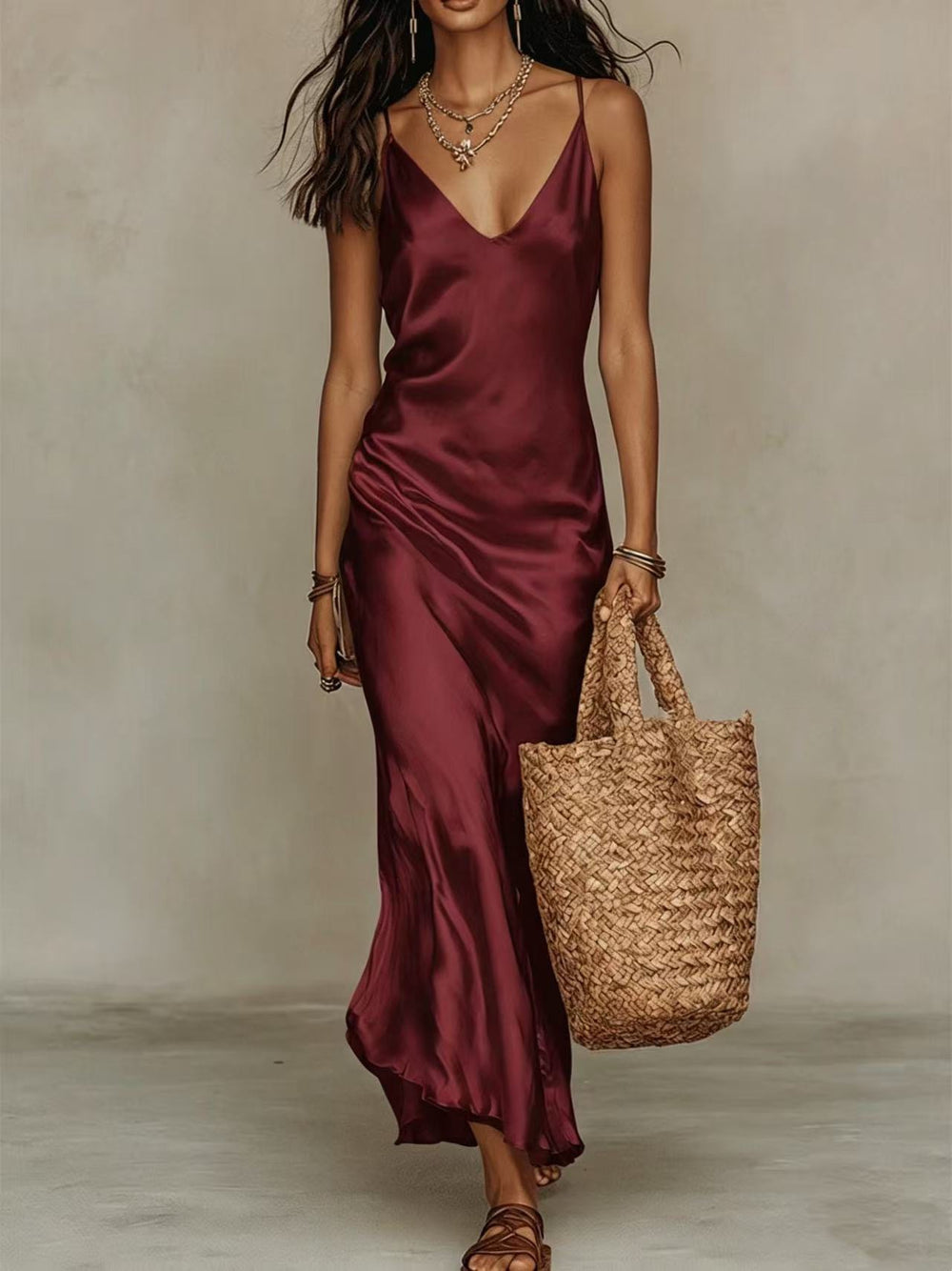 The Céline Two-Piece Slouchy V-Neck Knit Top & Satin Slip Dress Set in Burgundy