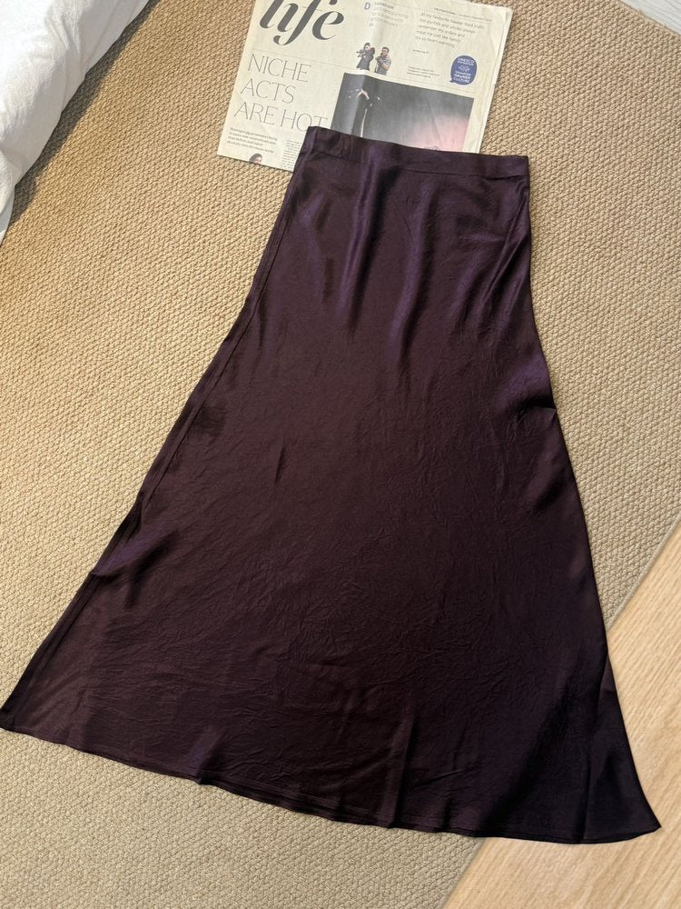 The Odette Triacetate Satin Mermaid Midi Skirt in Dark Brown
