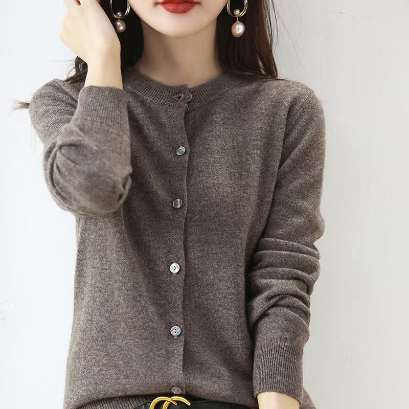 The Celia Fine-Knit Crewneck Cardigan in Camel