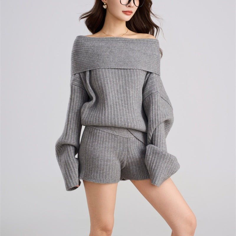 The Elise One-Shoulder Knit Top & Shorts Set in Gray