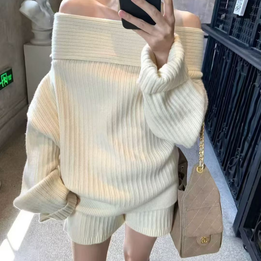 The Elise One-Shoulder Knit Top & Shorts Set in White