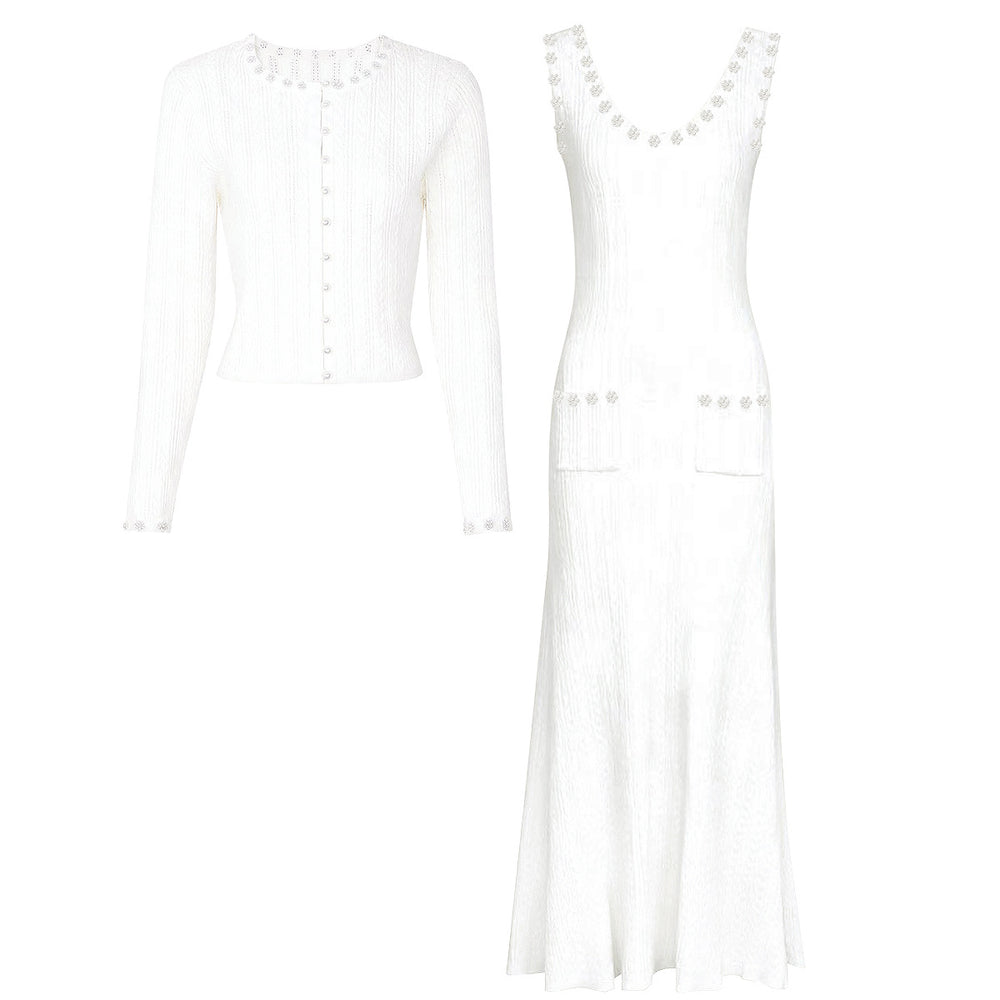 The Lumina Two-Piece Viscose Knit Cardigan & Sleeveless Slip Dress Set in White - Complete Set
