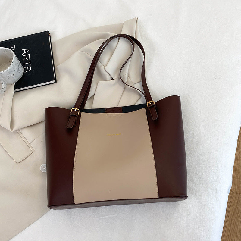 The Margaux Structured Faux-Leather Shoulder Tote in Khaki & Brown