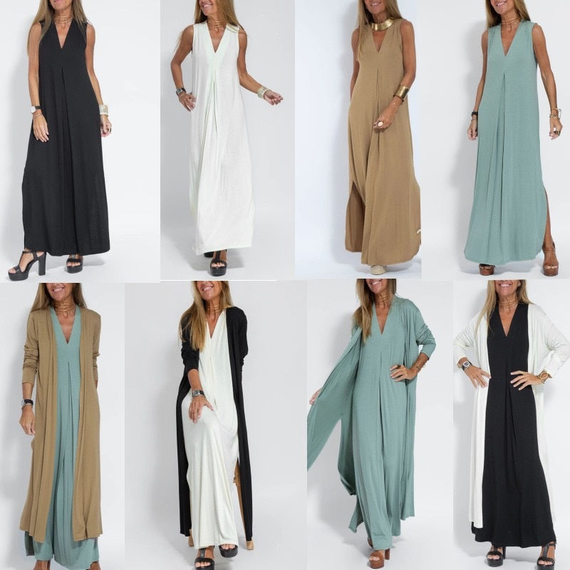 The Solstice Two-Piece Pleated V-Neck Maxi Dress & Duster Cardigan Set, photo 2