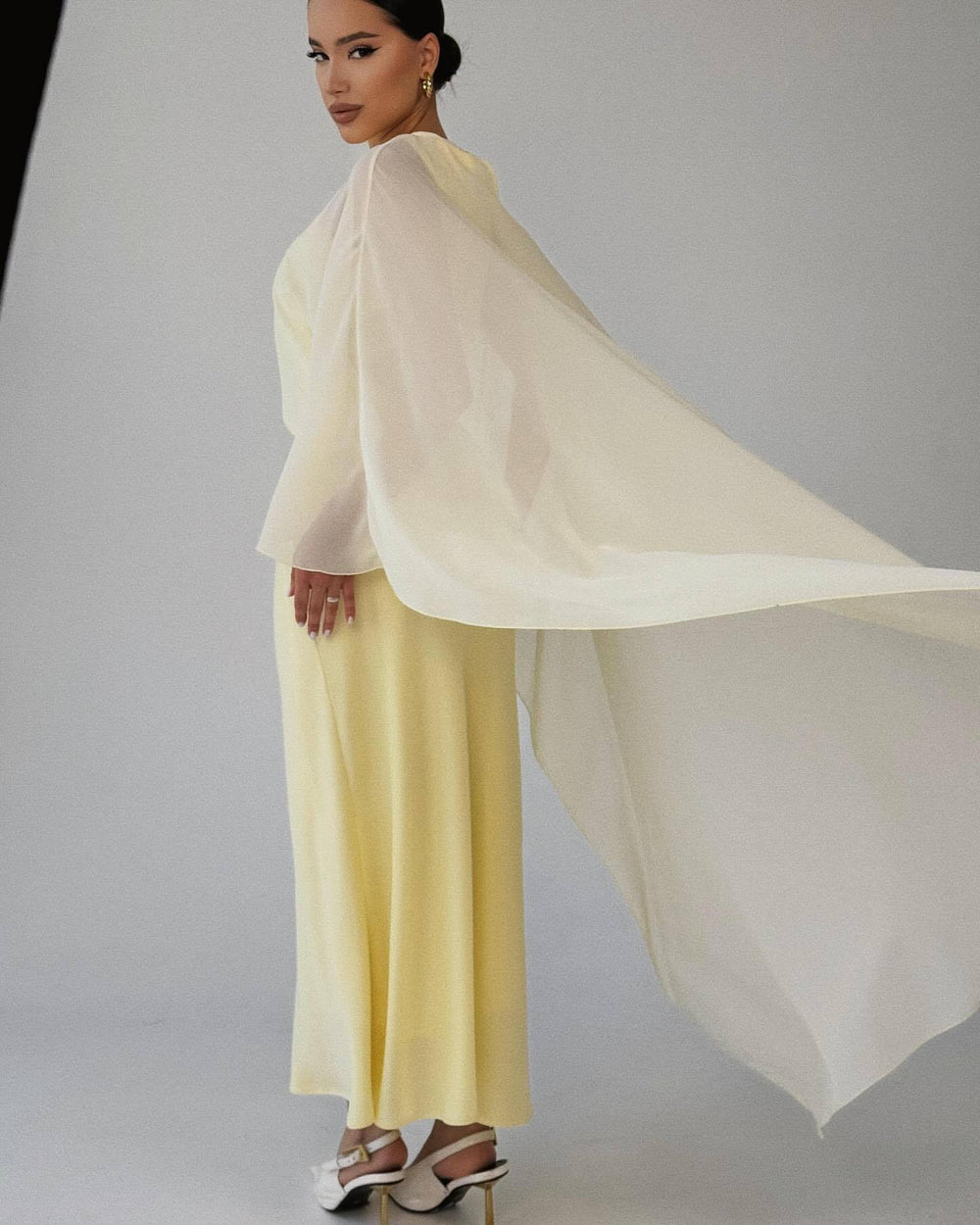 The Valérie Two-Piece Chiffon Cape-Shawl & Column Maxi Dress Set in Light yellow