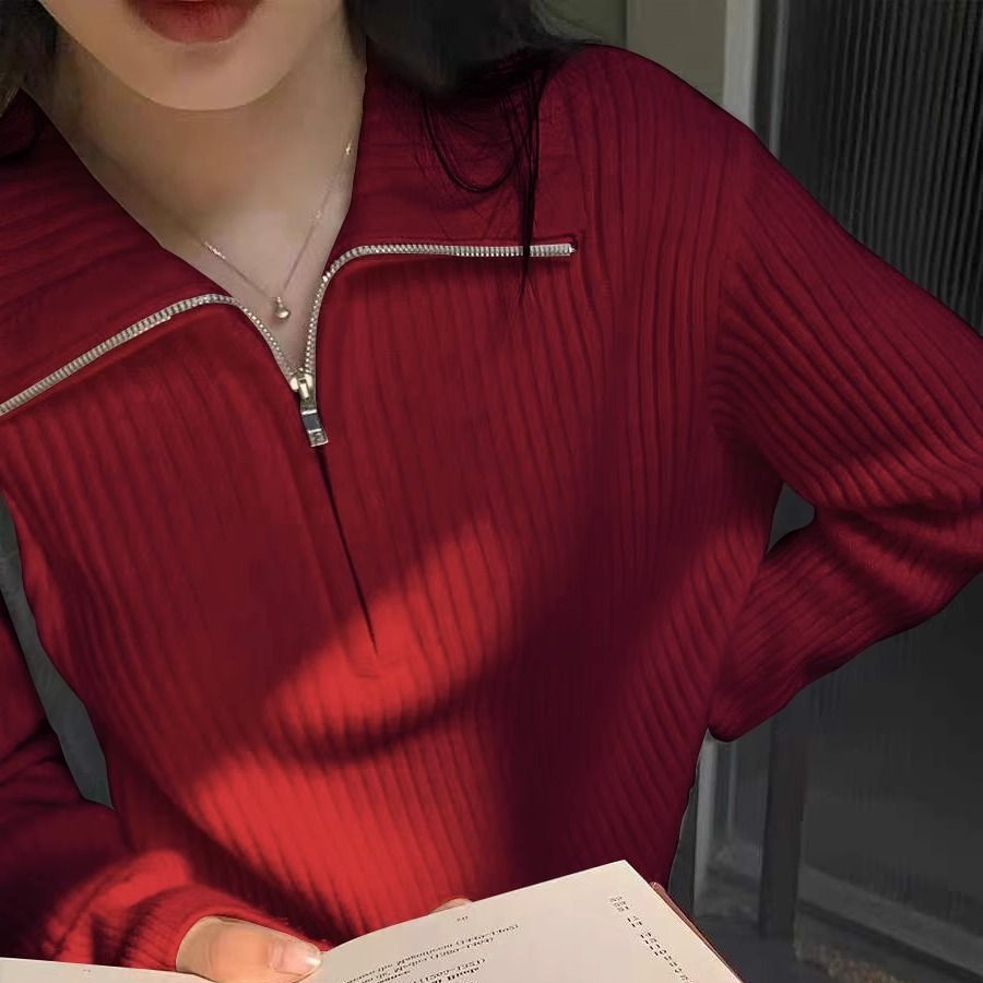 The Sabine Half-Zip Collar Knit Sweater in Red