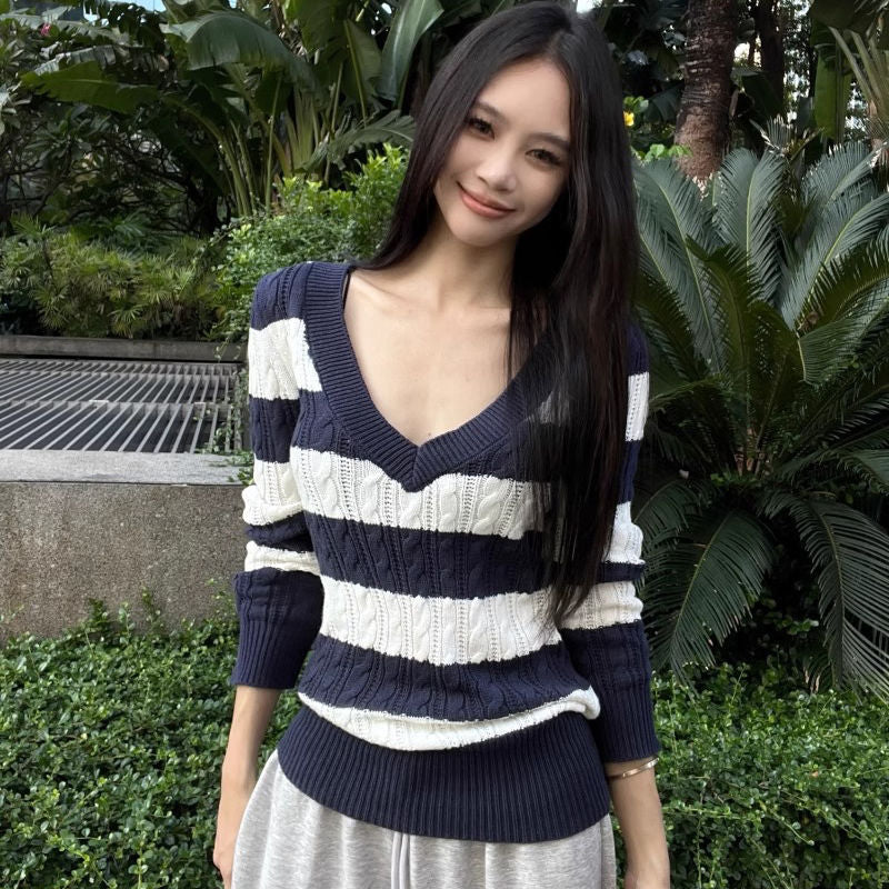 The Marin Striped Cable V-Neck Sweater in Navy Stripe