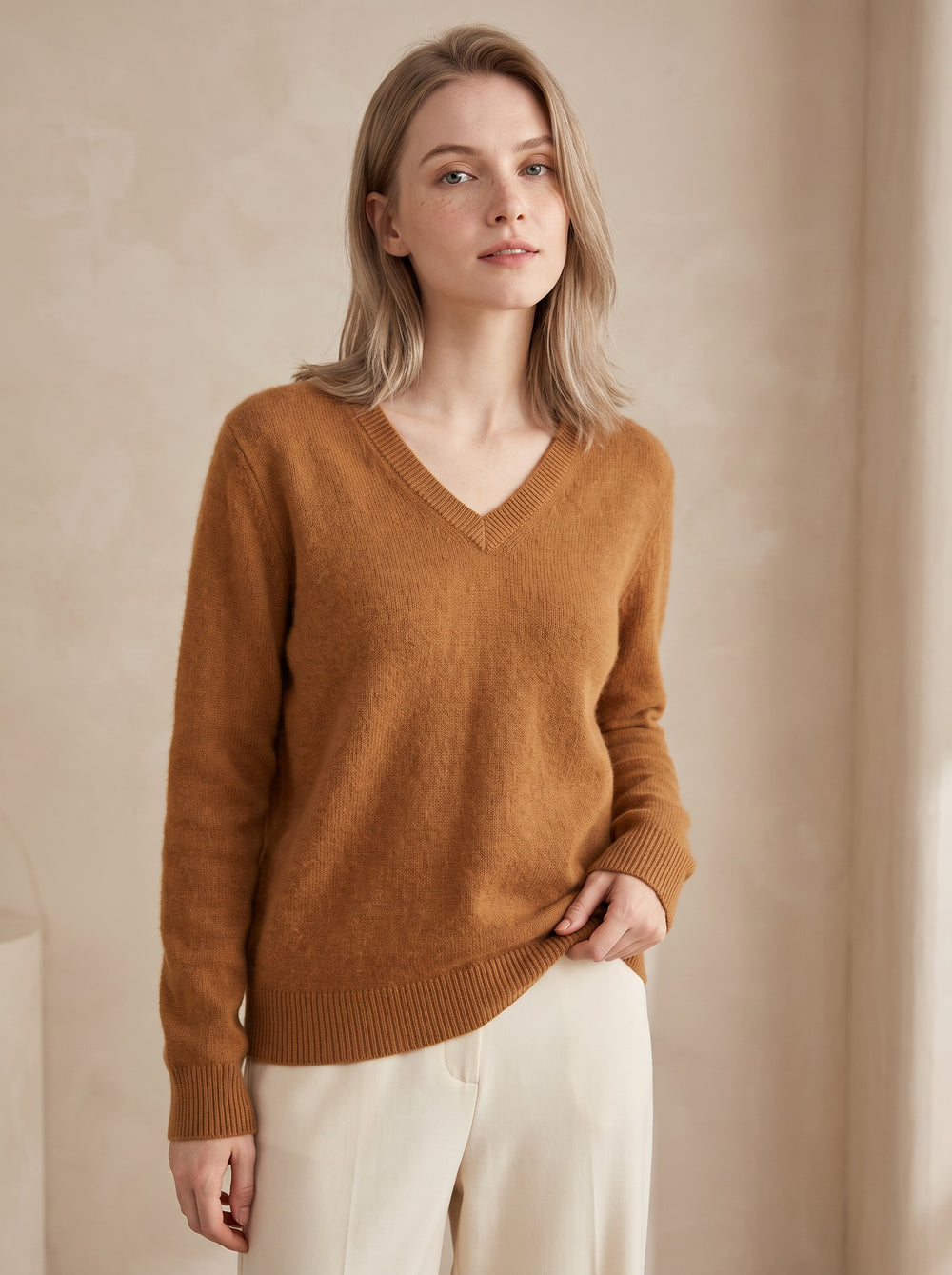 The Ada Relaxed V-Neck Knit Sweater in Camel