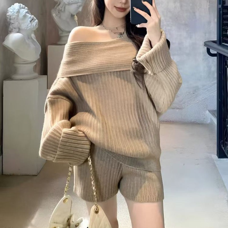 The Elise One-Shoulder Knit Top & Shorts Set in Khaki