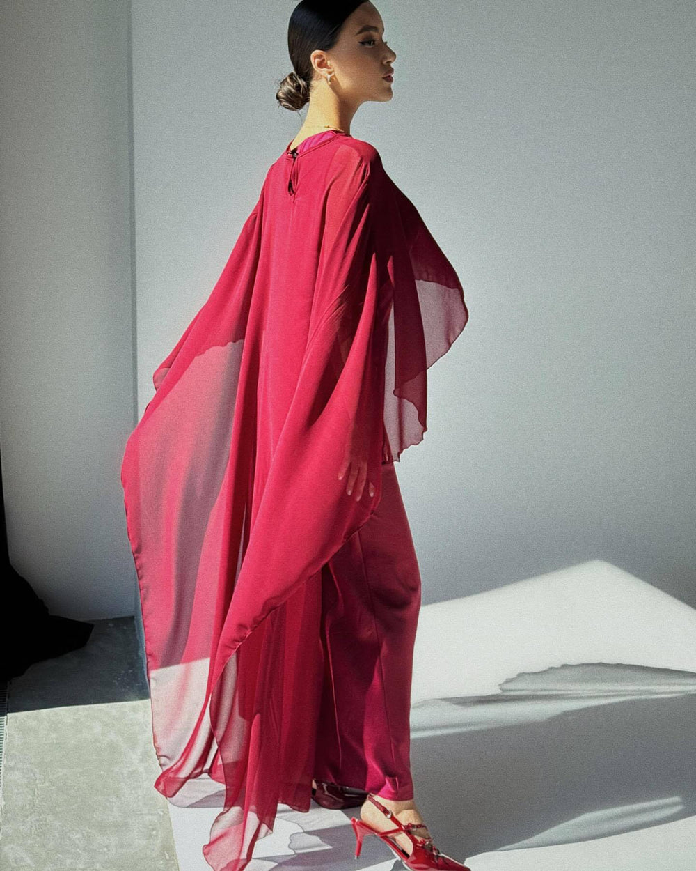 The Valérie Two-Piece Chiffon Cape-Shawl & Column Maxi Dress Set in Dark red