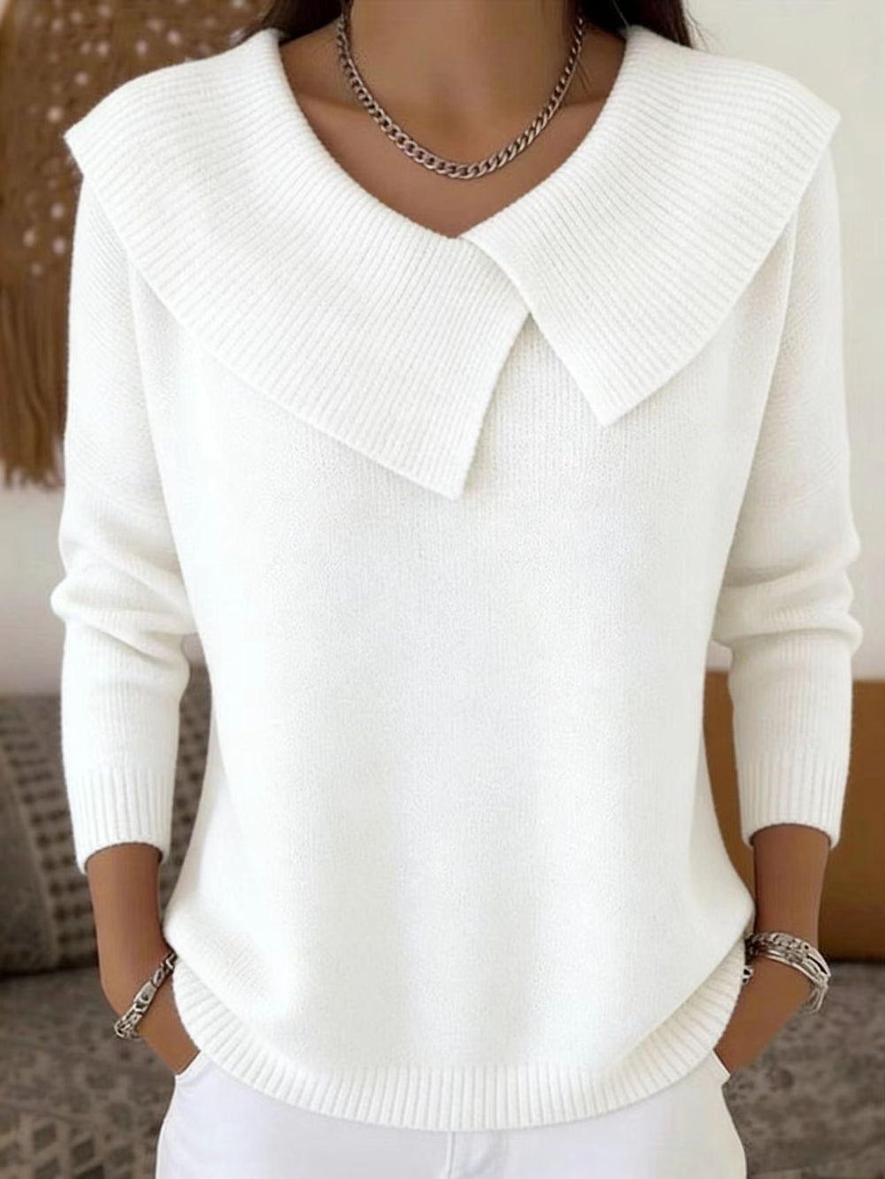 The Capucine Wide-Collar Knit Sweater in Ivory