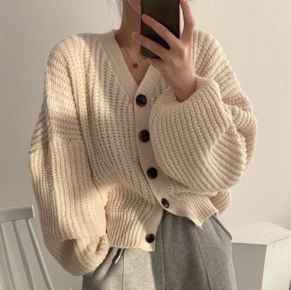 The Camille Chunky Rib Lantern-Sleeve Cardigan in Ivory