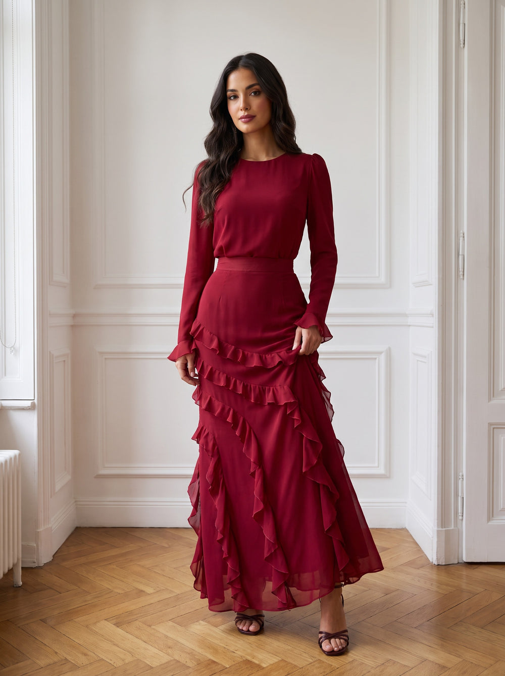 The Belladonna Ruffle-Trimmed Chiffon Maxi Dress in Dark Red