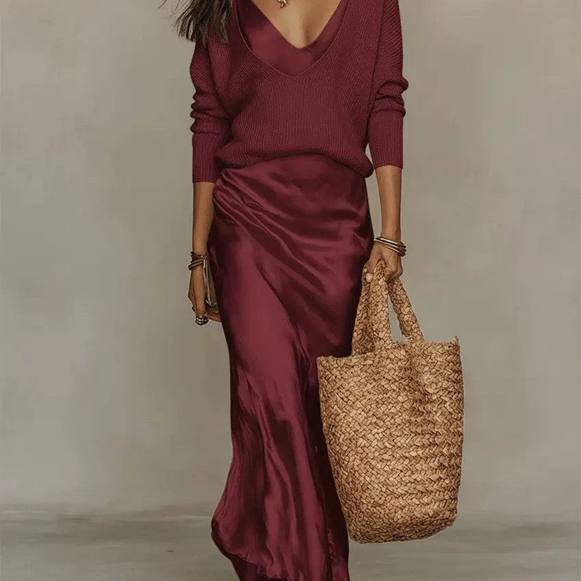 The Étoile Two-Piece Slouchy Knit Top & Liquid Satin Slip Dress Set, photo 6