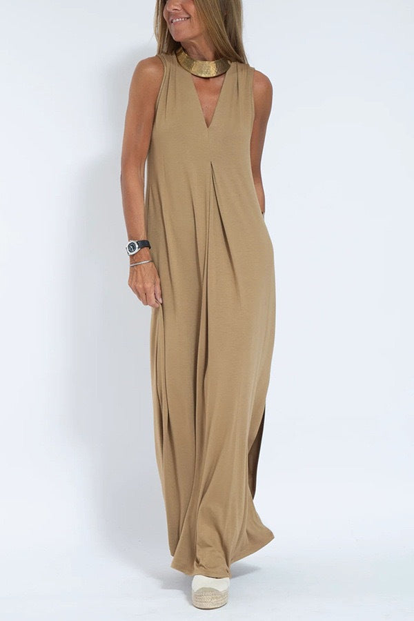 The Solstice Two-Piece Pleated V-Neck Maxi Dress & Duster Cardigan Set in Khaki - Maxi Dress