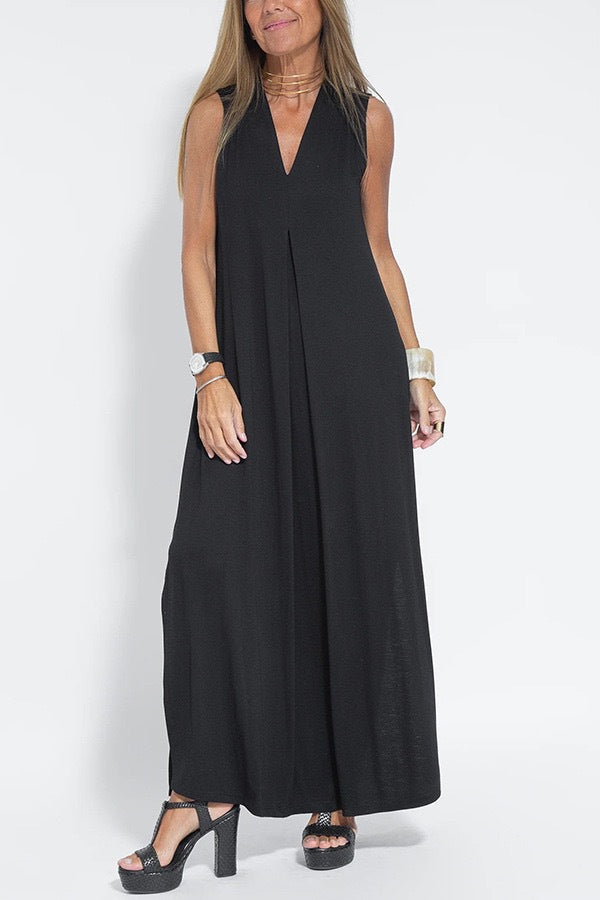 The Solstice Two-Piece Pleated V-Neck Maxi Dress & Duster Cardigan Set in Black - Maxi Dress