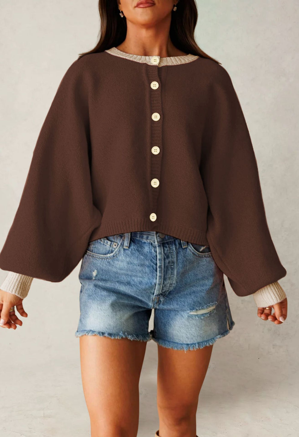 The Josephine Crewneck Batwing Cardigan in Chocolate Brown