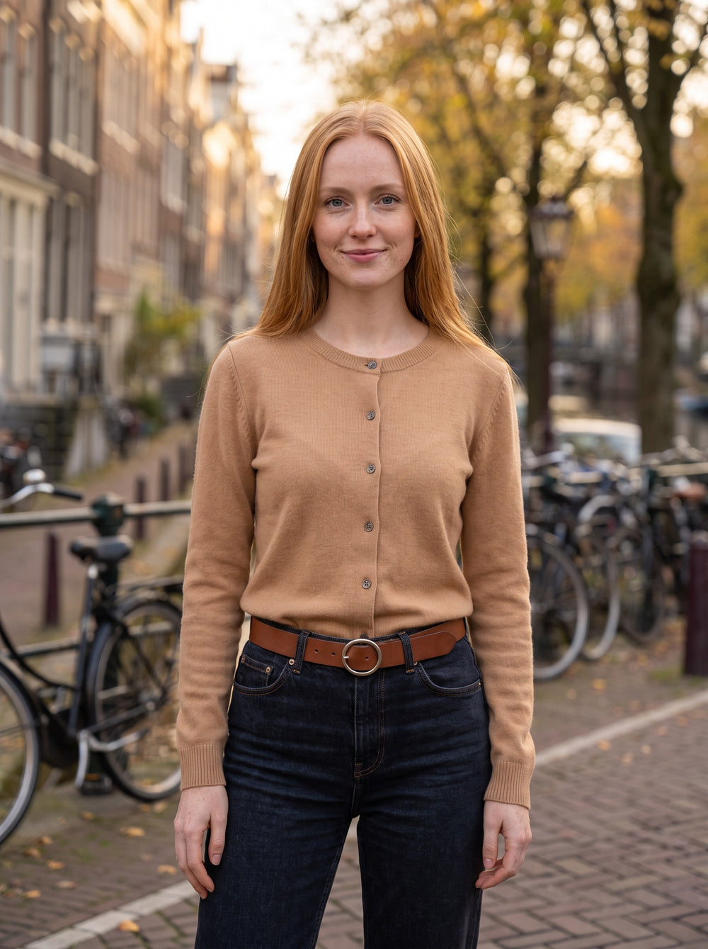The Celia Fine-Knit Crewneck Cardigan in Camel