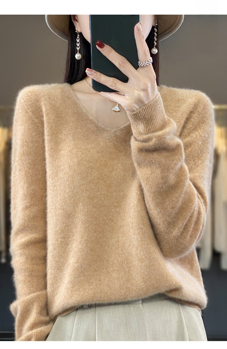 The Ada Relaxed V-Neck Knit Sweater in Golden Camel