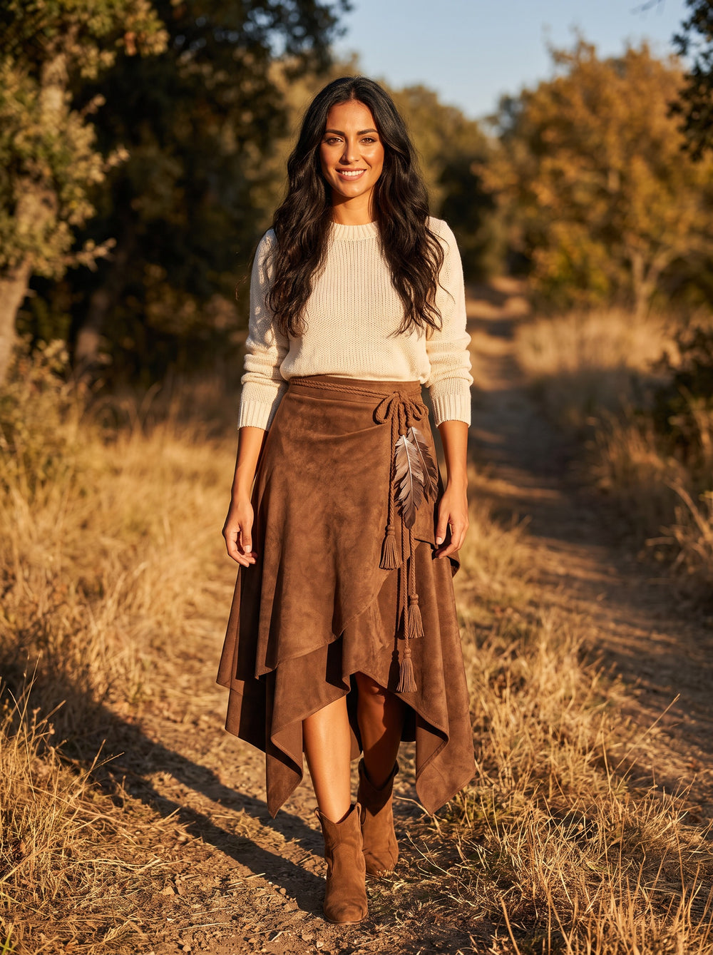 The Cora Faux Suede A-Line Midi Skirt in Maillard Brown