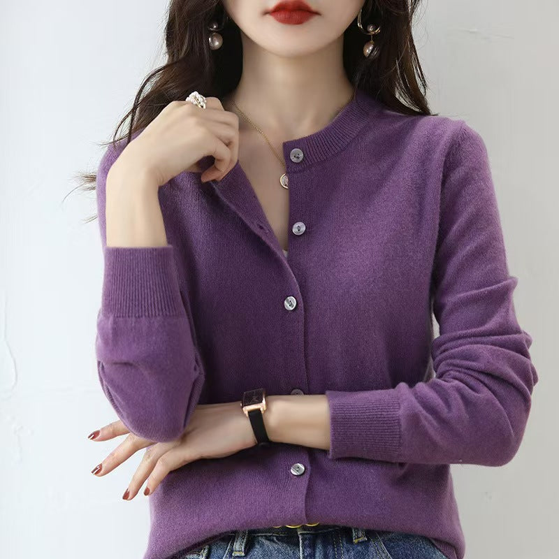 The Celia Fine-Knit Crewneck Cardigan in Purple