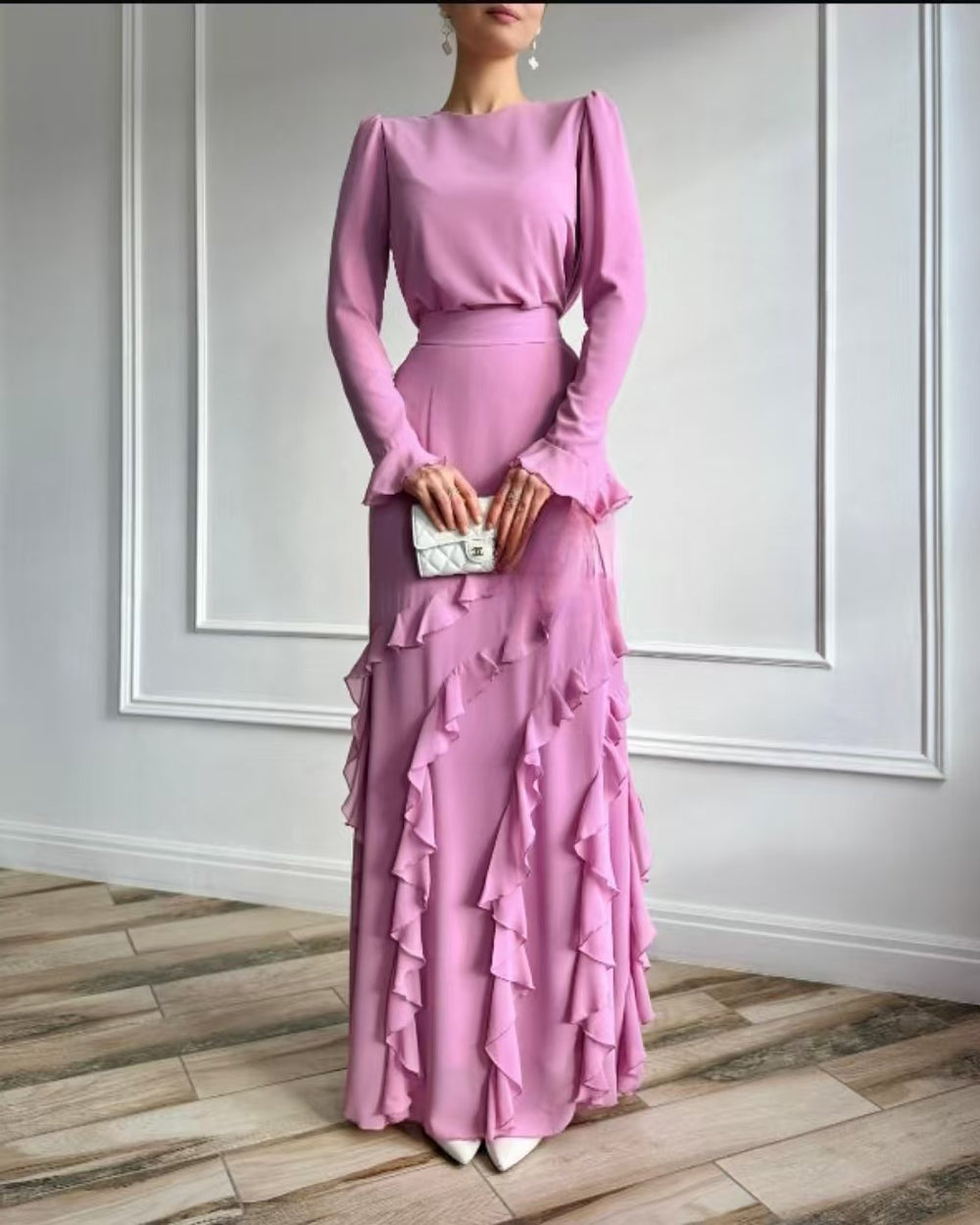 The Belladonna Ruffle-Trimmed Chiffon Maxi Dress in Purple
