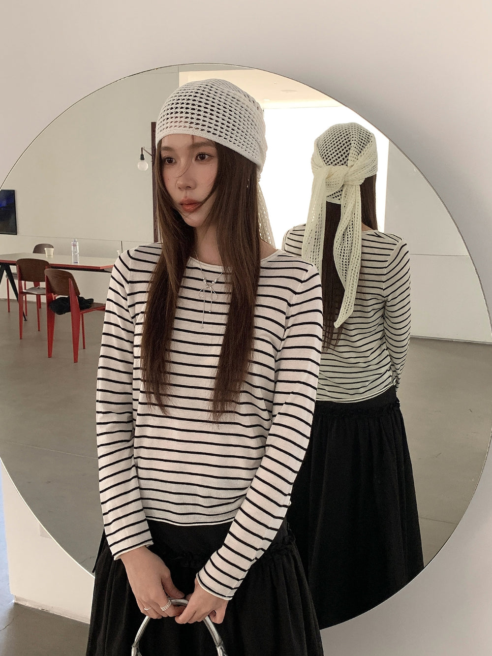 The Manon Fine-Stripe Knit Top in Black Stripe