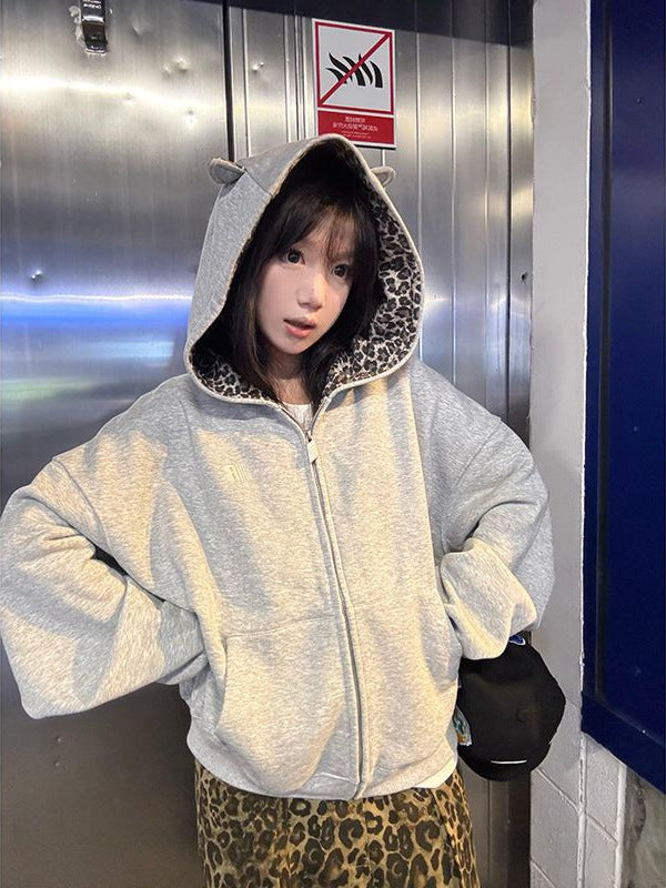Cropped Cat-Ear Zip-Up Hoodie with Leopard-Lined Hood in Slate Gray - Cotton