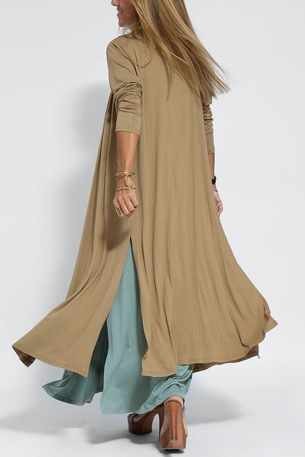 The Solstice Two-Piece Pleated V-Neck Maxi Dress & Duster Cardigan Set in Khaki - Duster Cardigan