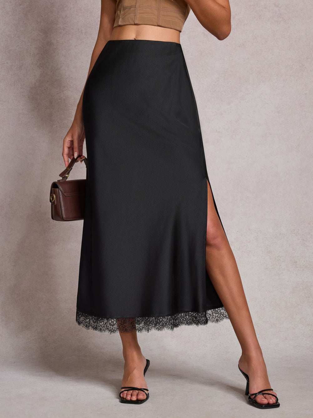 The Liora Lace-Trim Satin Slit Midi Skirt, photo 4