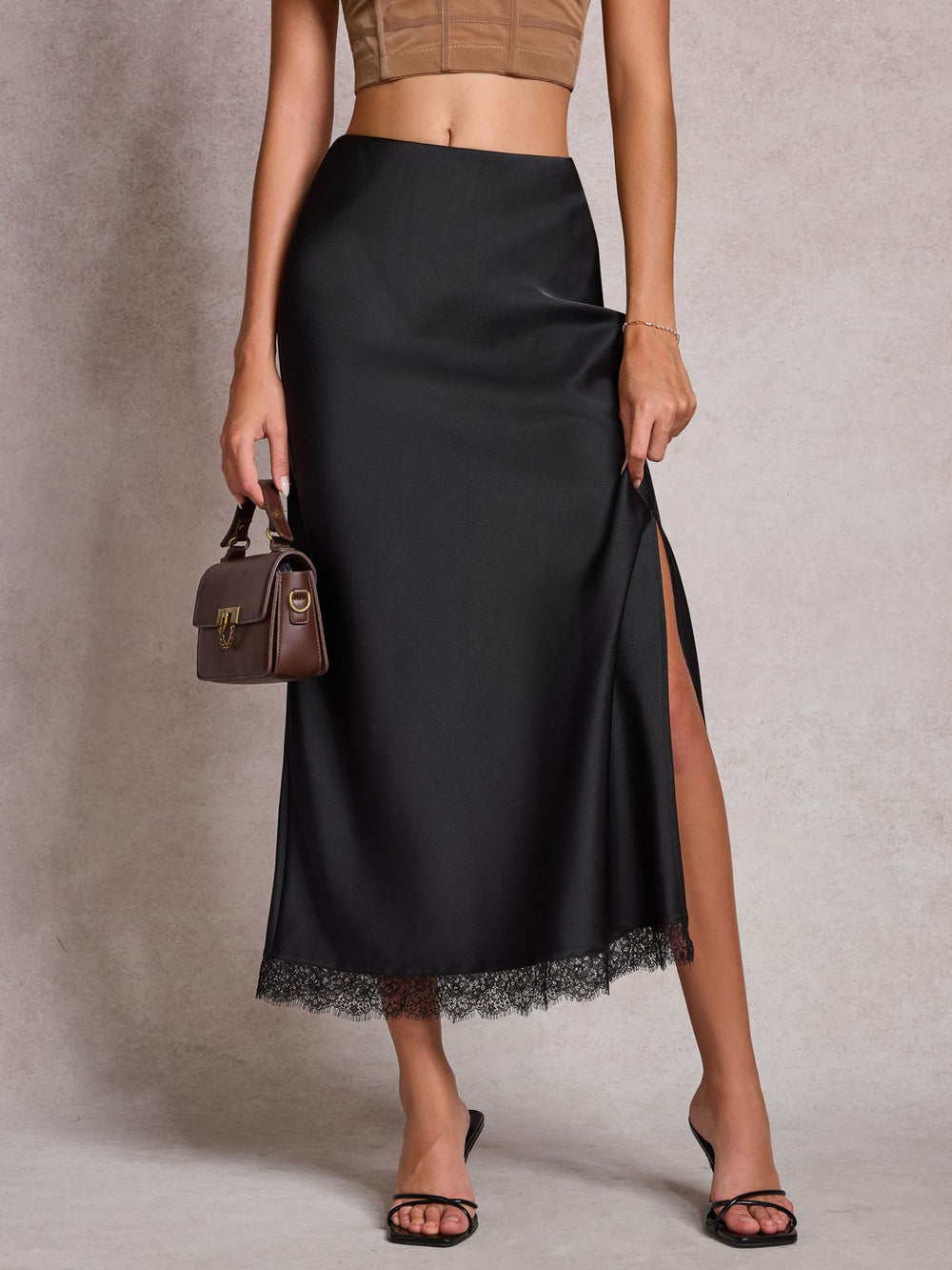 The Liora Lace-Trim Satin Slit Midi Skirt, photo 2