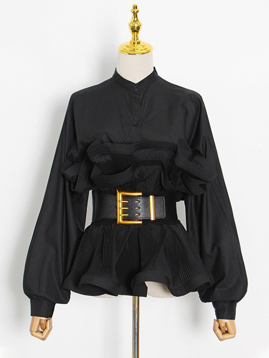 The Aurelia Pleated Ruffle Stand-Collar Blouse