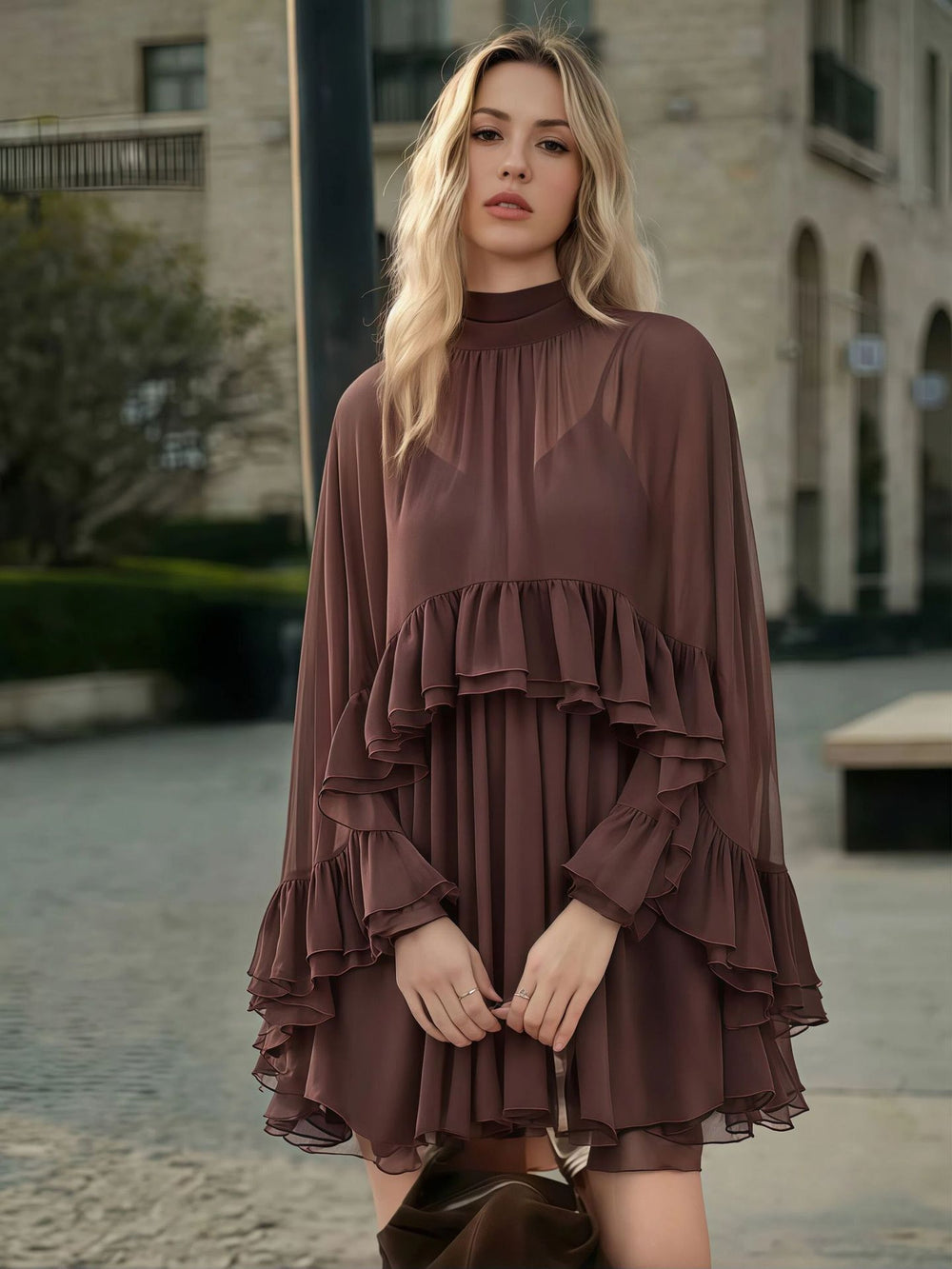 The Audrey Two-Piece Mock-Neck Sleeveless Top & A-Line Midi Skirt Set in Dark Brown