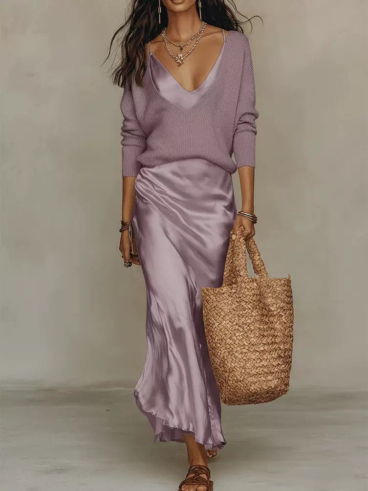 The Étoile Two-Piece Slouchy Knit Top & Liquid Satin Slip Dress Set in Purple