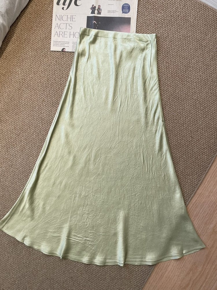 The Odette Triacetate Satin Mermaid Midi Skirt in Avocado Green